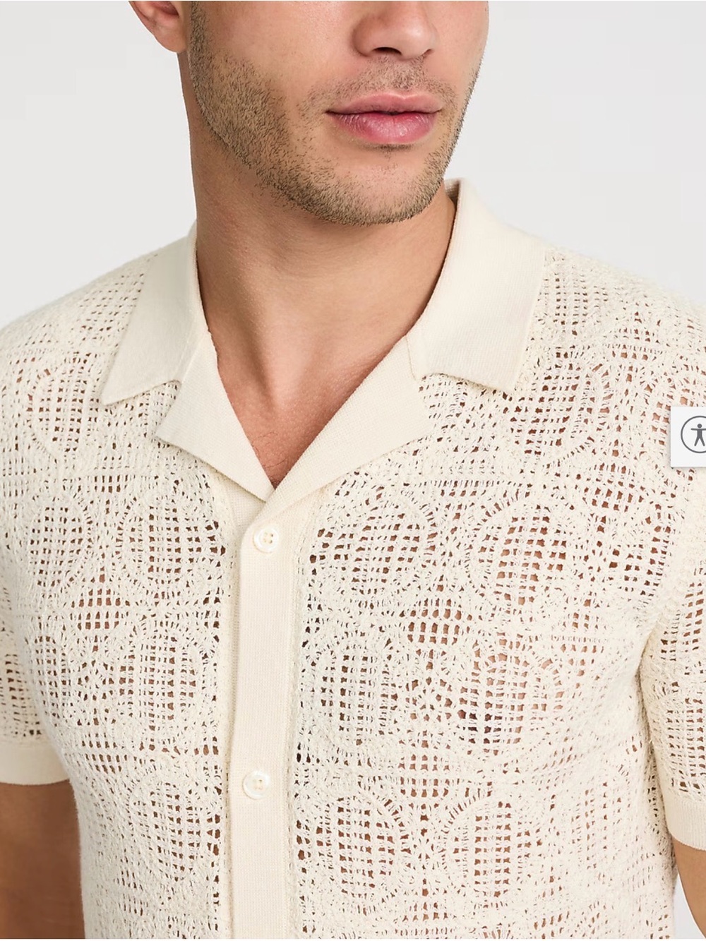 Express Textured Geo Crochet Cotton Short Sleeve Shirt - Picture 2 of 10